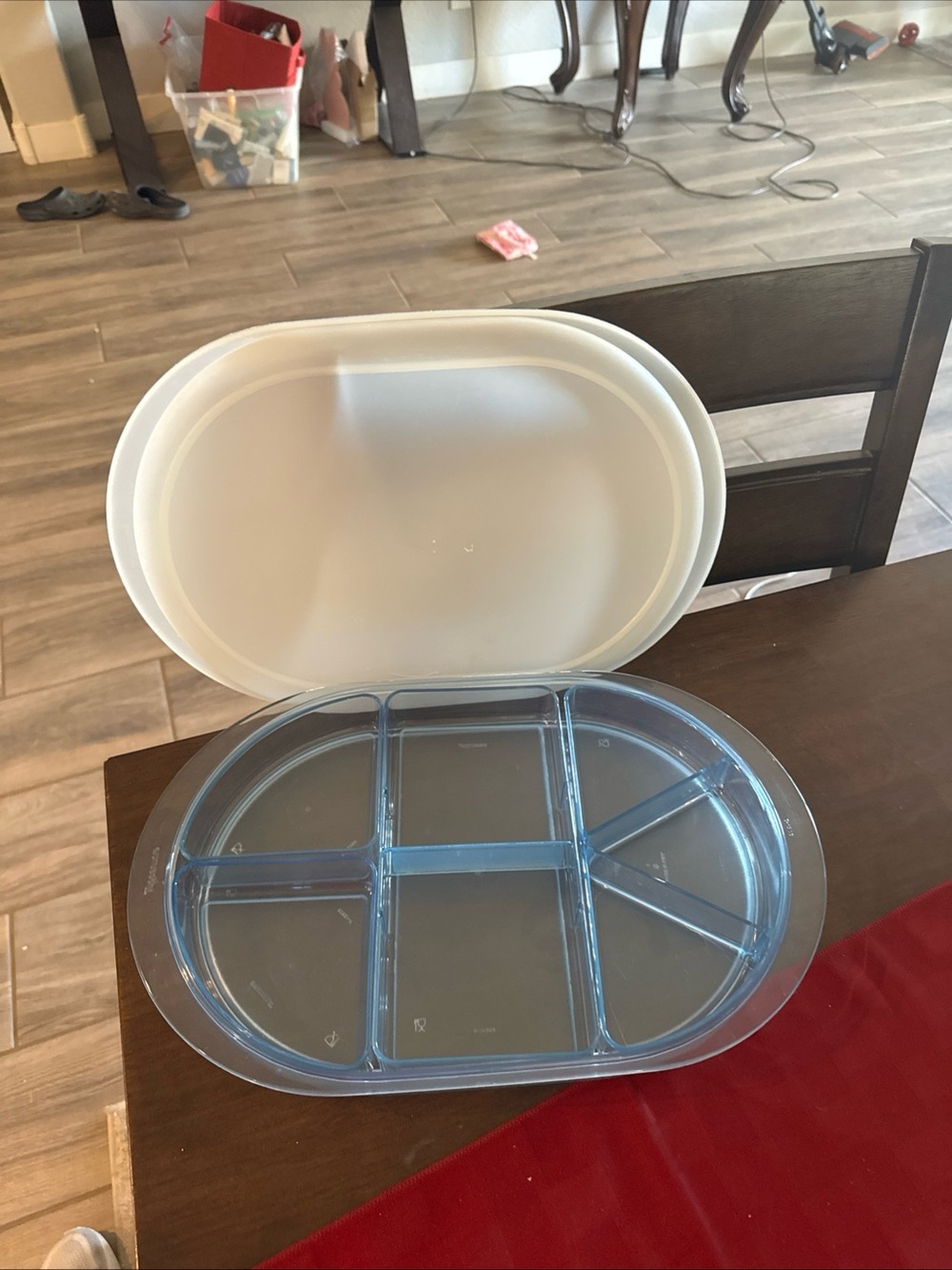 Airtight Divided Tupperware Container - Clear Blue Lid, White Base
